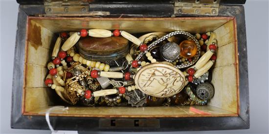 A Victorian ash jewellery box and a quantity of costume jewellery